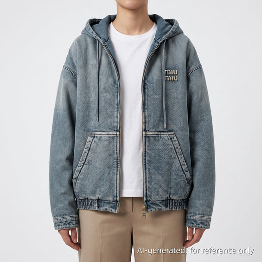 Miu Miu Blue Denim Zip-Up Hooded Jacket Size 40