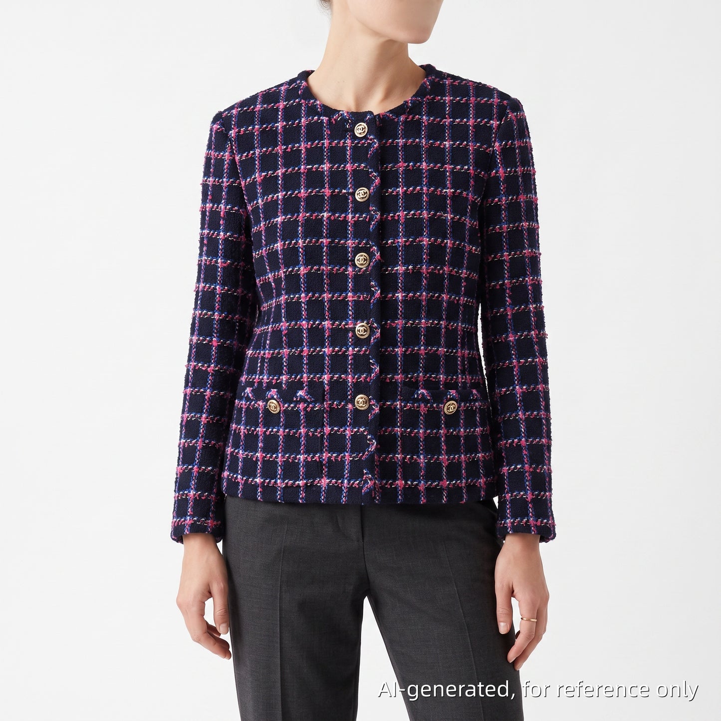 Chanel Black Multicolor Plaid Tweed Jacket, CC Metal Buttons Size 38