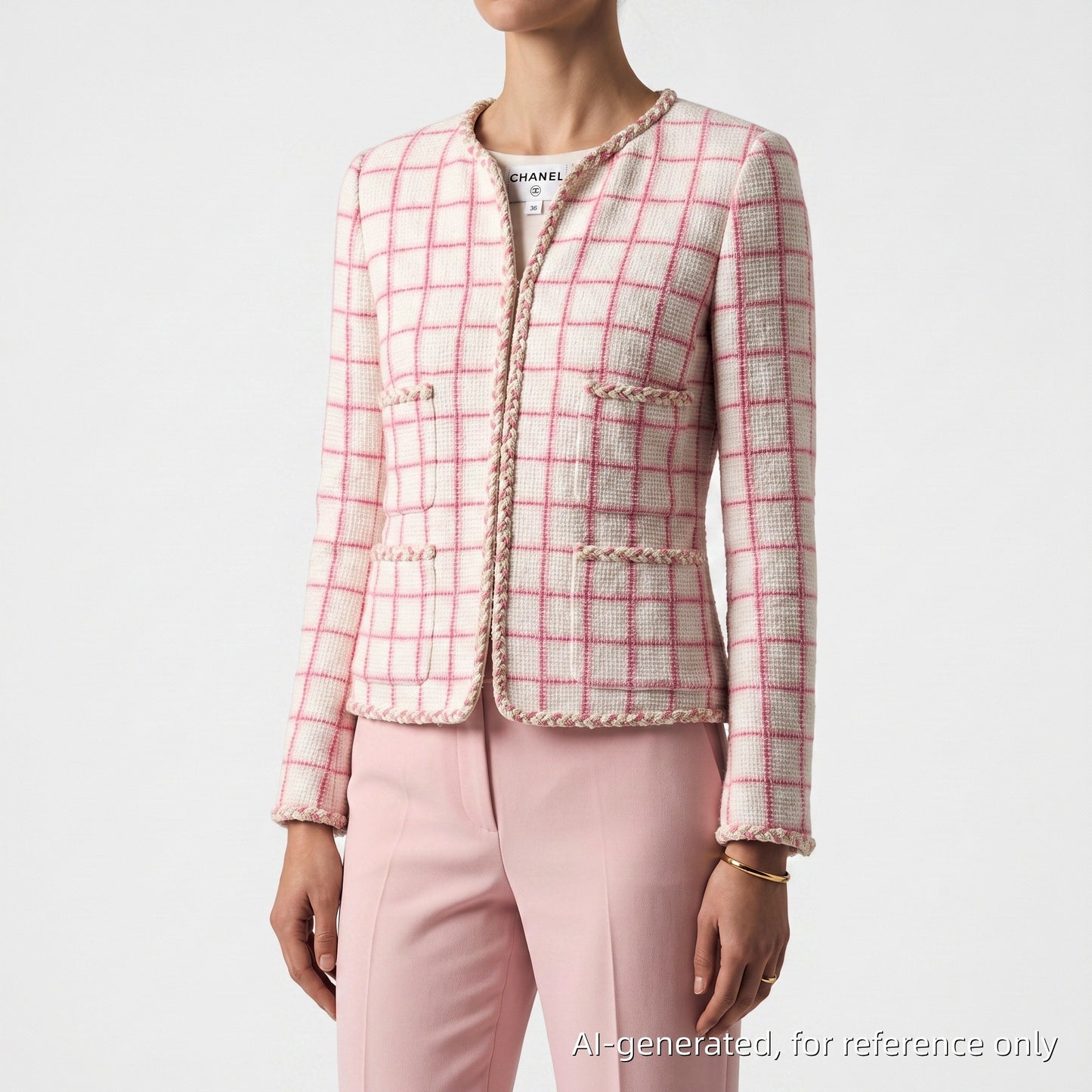 Chanel White & Pink Plaid Tweed Jacket Fringe Trim Size 36