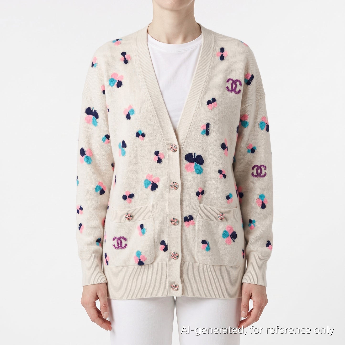 Chanel White Cashmere V-Neck Cardigan Multicolor Polka Dot Print Size 34