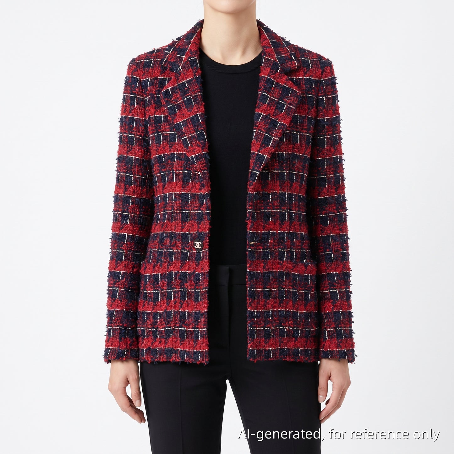 Chanel Red & Navy Blue Plaid Tweed Blazer Lapel Collar Size 36