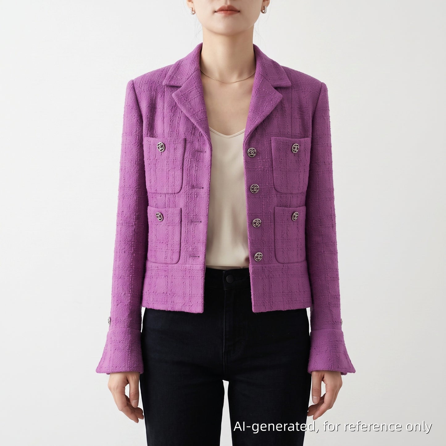 Chanel Lavender Purple Tweed Blazer Lapel Collar Flared Cuffs Size 36