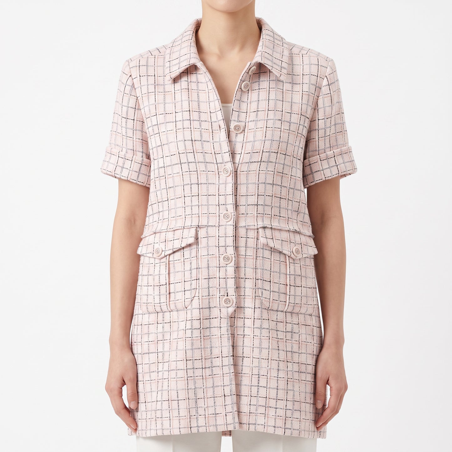 Chanel Pink Plaid Short Sleeve Tweed Dress Point Collar Size 34