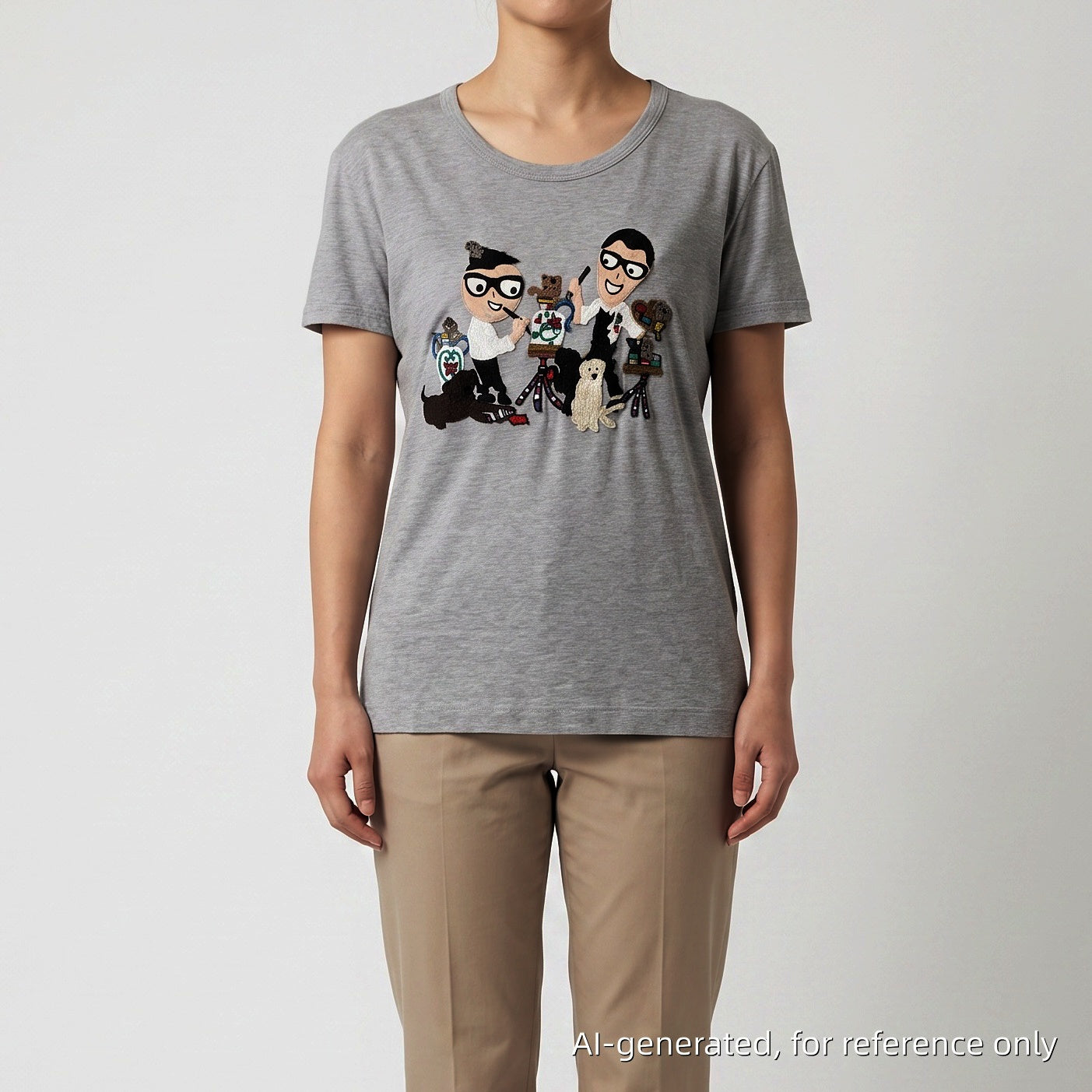 Dolce & Gabbana Grey Cartoon Family & Pets Print Short Sleeve T-Shirt Size 40