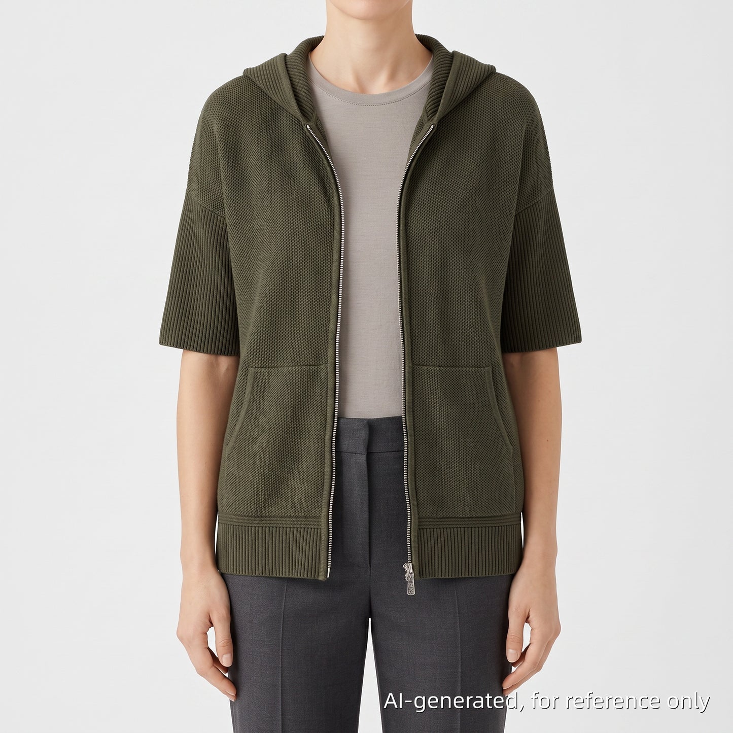 Loro Piana Olive Green Short Sleeve Zip Hoodie Size 40