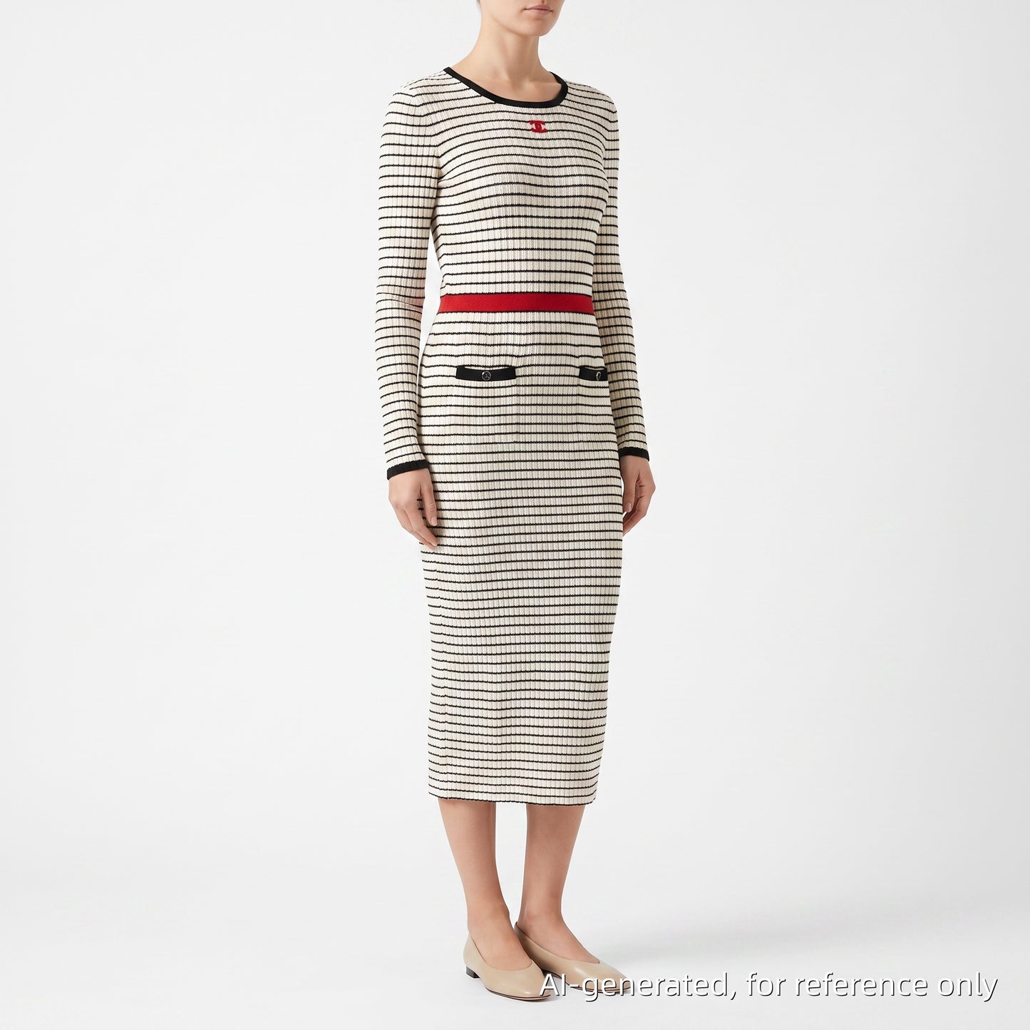 Chanel Black & White Striped Knit Midi Dress Size 36