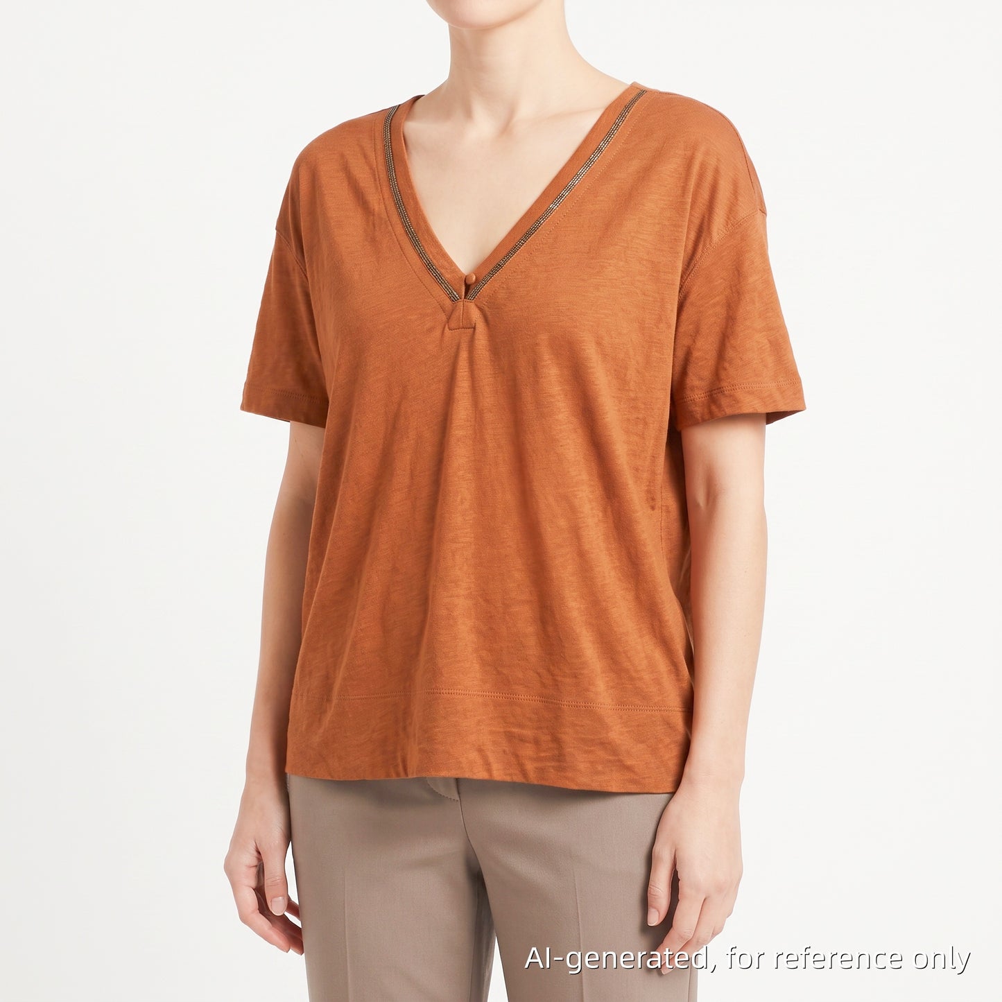 Brunello Cucinelli Rust V Neck Short Sleeve Top Bust 19.5in