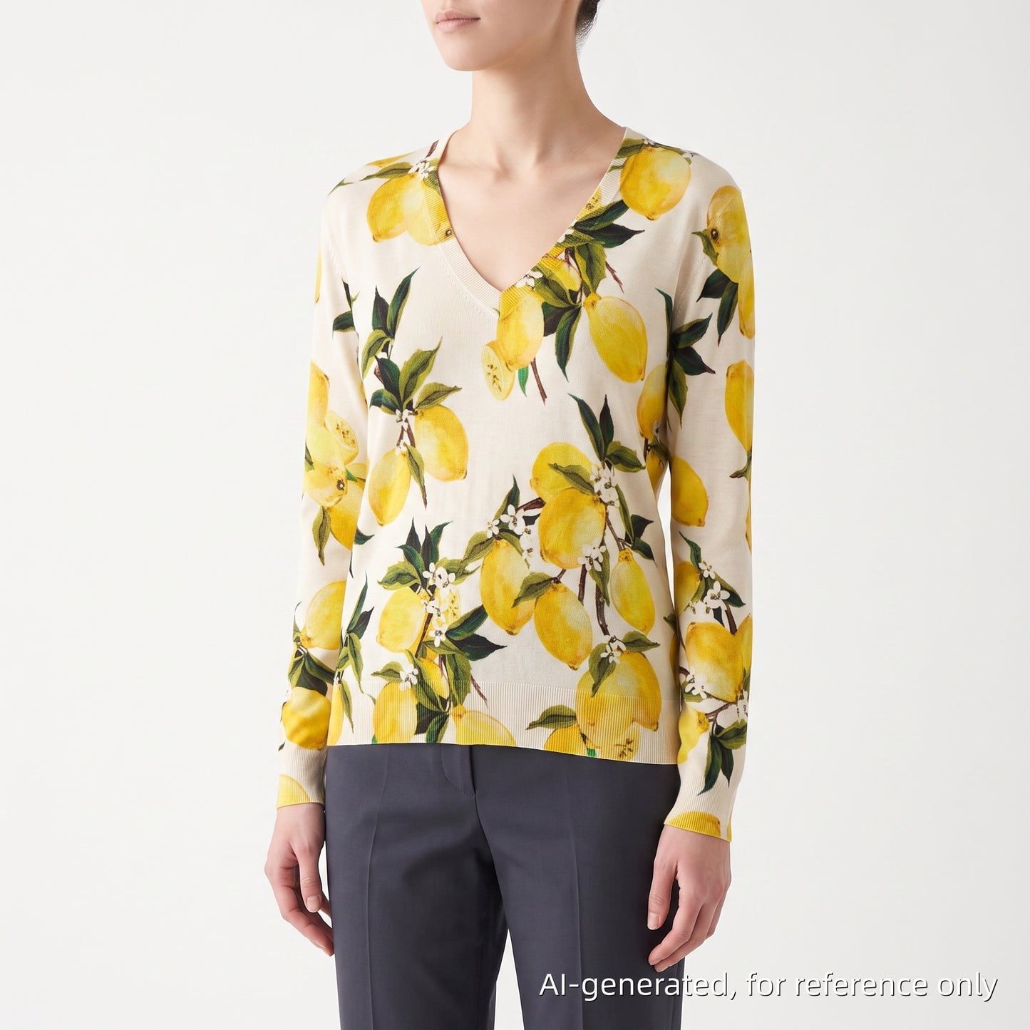 Dolce & Gabbana White Yellow Lemon Print V‑Neck Knit Top 42