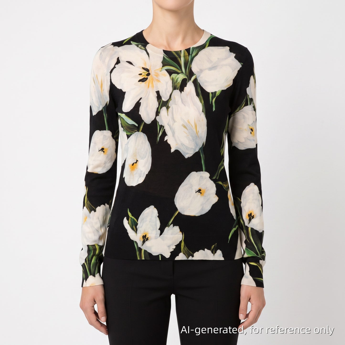Dolce & Gabbana Black White Floral Round Neck Knit Top 42