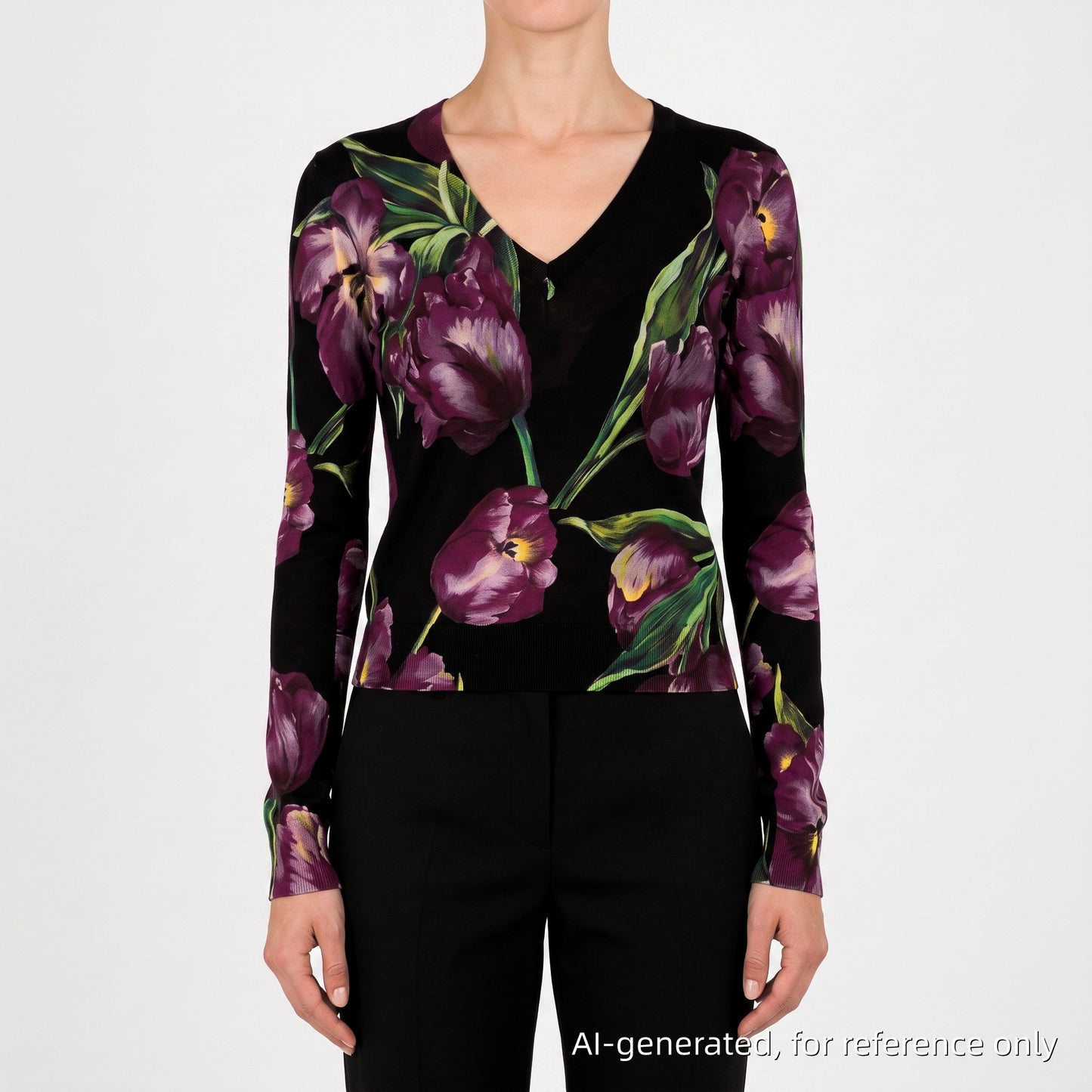 Dolce & Gabbana Black Purple Floral V‑Neck Long Sleeve Top 44