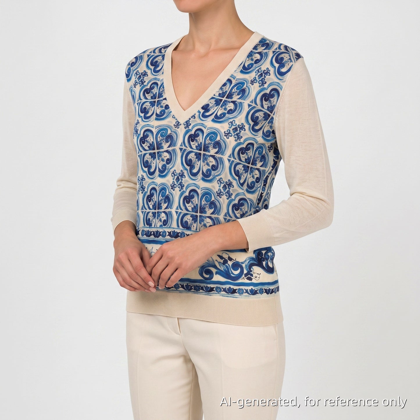 Dolce & Gabbana Beige Blue Floral V‑Neck Long Sleeve Top 42