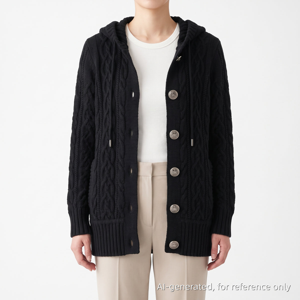 Burberry Black Cable Knit Hooded Cardigan Size 38