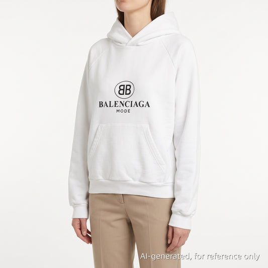 Balenciaga White Hoodie BB Mode Logo Print Front Pocket Size XS