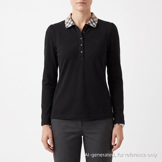 Burberry Black Long Sleeve Polo Shirt Check Ruffle Colla Size M