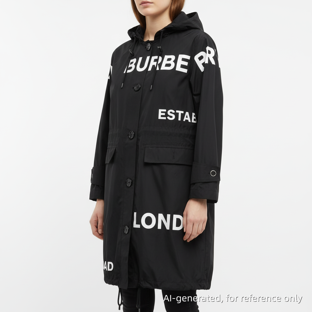 Burberry Black Logo Print Hooded Nylon Parka Women’s Size US 0