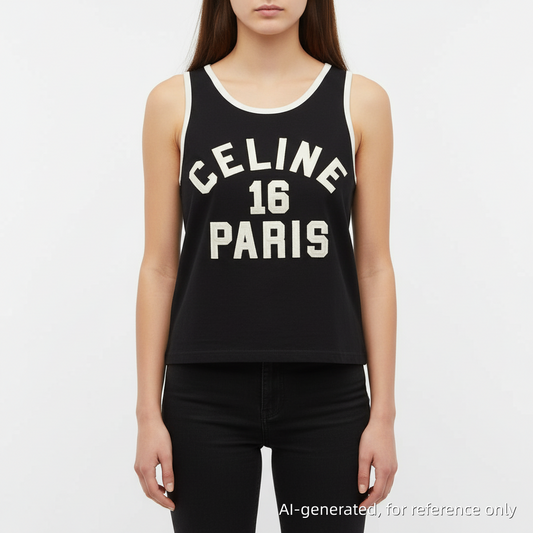 Celine Black Cotton Jersey “Celine 16 Paris” Tank Top